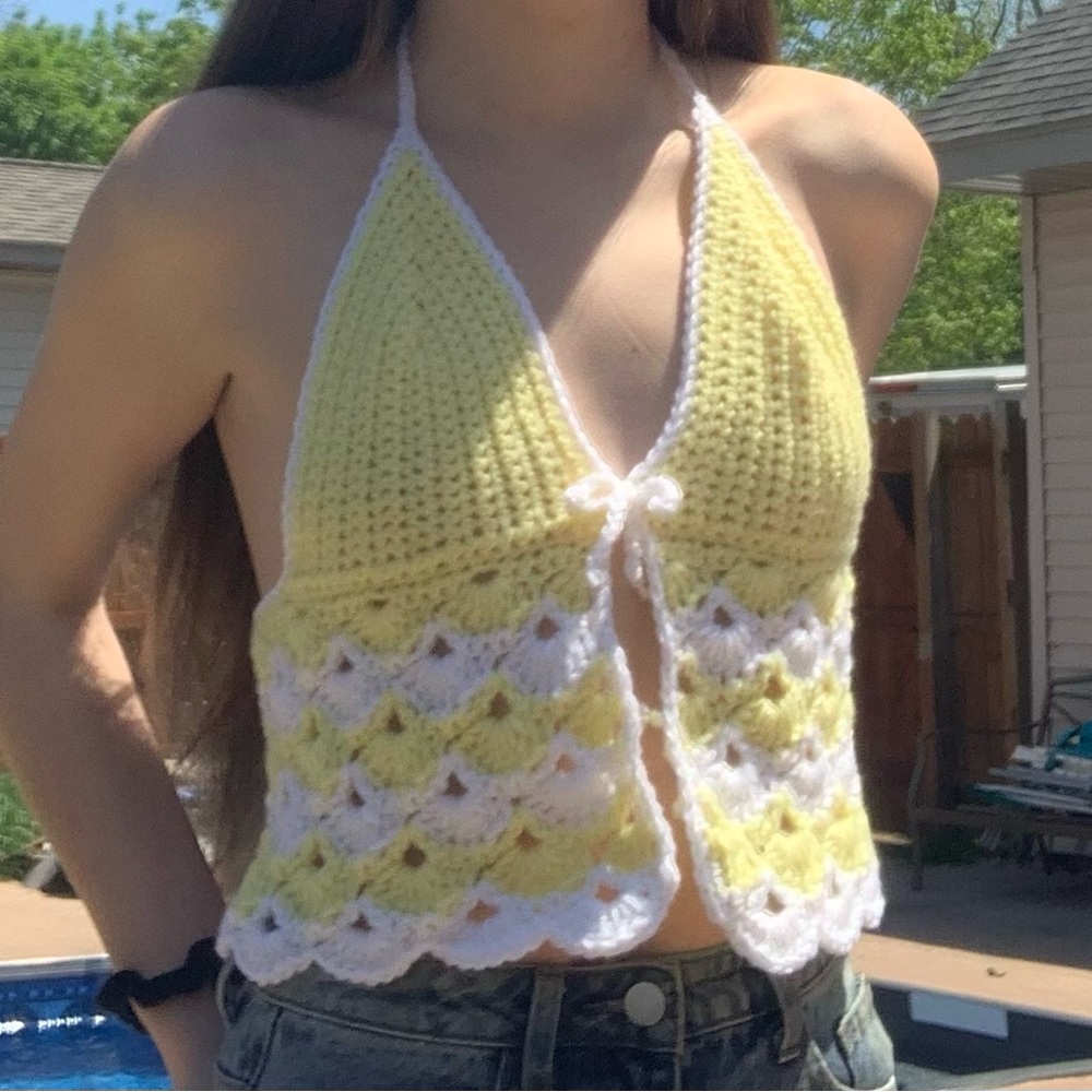 Sunny Yellow and White Crochet Crop Top